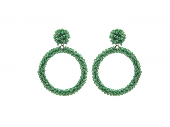 Green Seed Bead Round Hoop Dangle Post Earrings