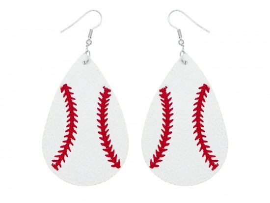 White Baseball Teardrop Leather Hook Earrings