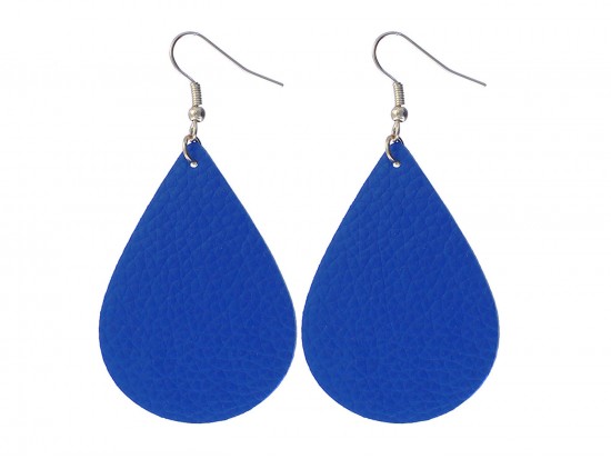 Blue Teardrop Leather Hook Earrings