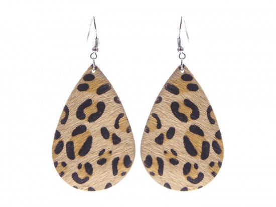 Brown Leopard Teardrop Leather Hook Earrings