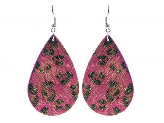 Fuchsia Leopard Teardrop Leather Hook Earrings