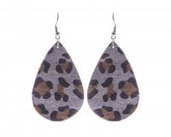 Gray Leopard Teardrop Leather Hook Earrings