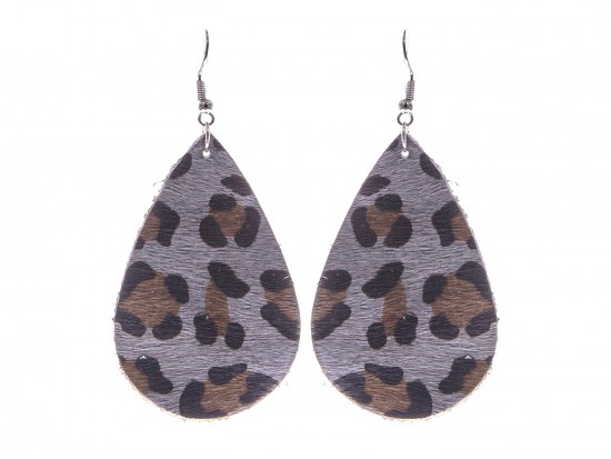 Gray Leopard Teardrop Leather Hook Earrings