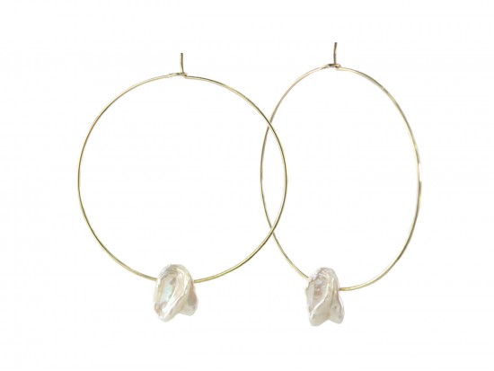 White Freshwater Pearl Nugget Gold Hoop Earring
