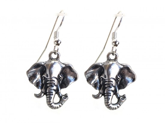 Silver Elephant Head Hook Earrings