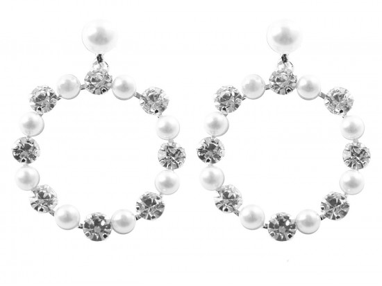 Pearl Crystal Hoop Silver Dangle Post Earrings