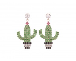 Green Cactus Pot Crystal Dangle Post Earrings
