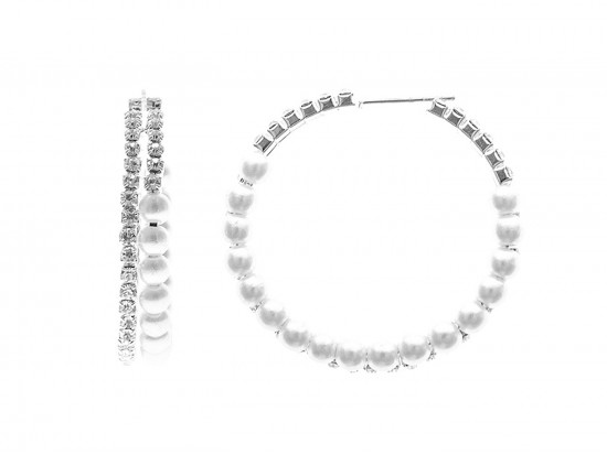 Pearl Crystal Silver Memory Wire Hoop Post Earrings Pearl Crystal Silver Memory Wire Hoop Post Earrings