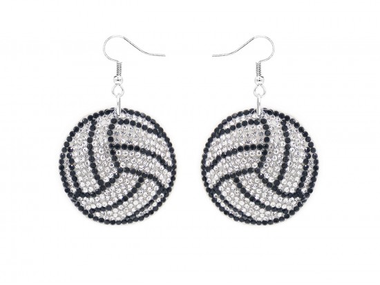 White Volleyball Crystal Puffy Hook Earrings