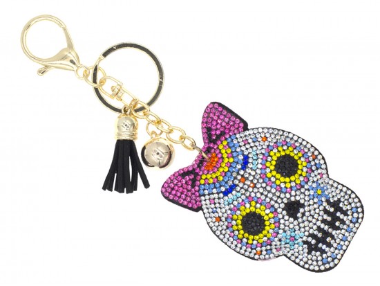 Multi Crystal Sugar Skull Puffy Key Chain