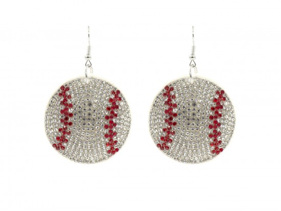 White Baseball Crystal Puffy Hook Earrings
