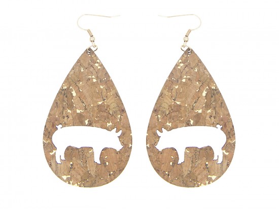 Brown Cork Teardrop Pig Hook Earrings
