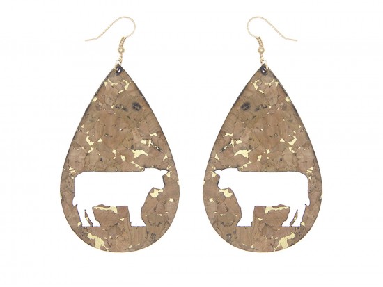 Brown Cork Teardrop Cow Hook Earrings