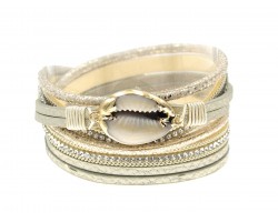 Beige Shell Leather Wrap Magnetic Bracelet
