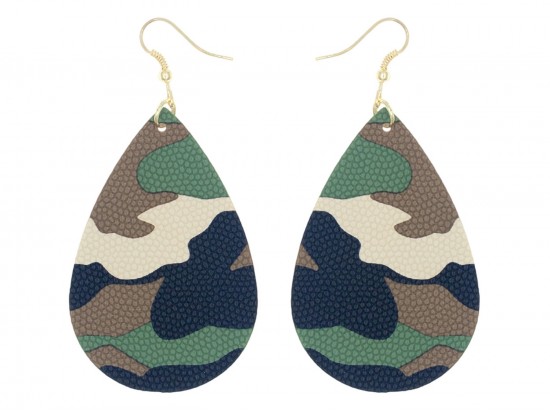 Green Camo Teardrop Leather Hook Earrings Green Camo Teardrop Leather Hook Earrings
