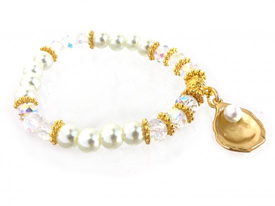 Gold Oyster Pearl Crystal Stretch Bracelet Gold Oyster Pearl Crystal Stretch Bracelet