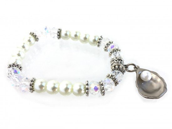 Silver Oyster Pearl Crystal Stretch Bracelet