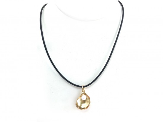 Gold Oyster Pearl Black Cord Choker Necklace