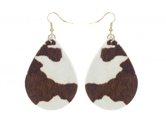 Brown White Cow Print Teardrop Hook Earrings
