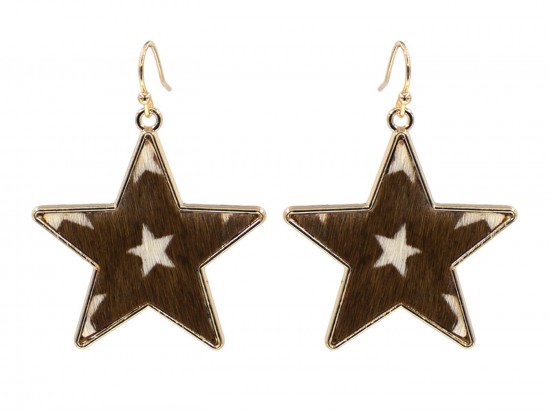 Brown Cow Leather Star Hook Earrings