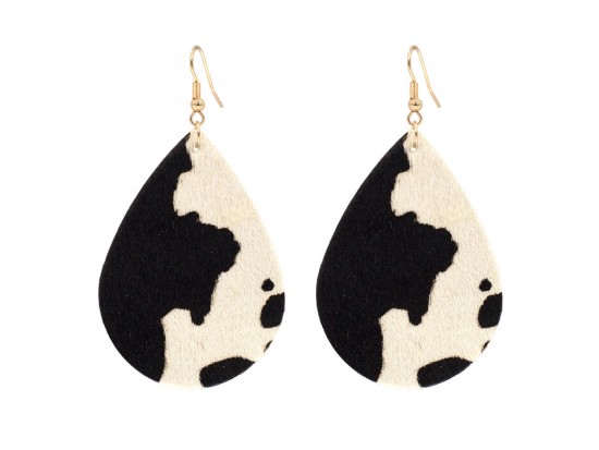 Black White Cow Hide Teardrop Hook Earrings