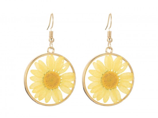 Yellow Daisy Pressed Glass Hook Earrings