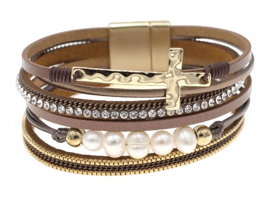 Brown Leather Cross Pearl Magnetic Bracelet