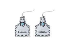 Silver Cow Tag BLESSED Hook Earrings