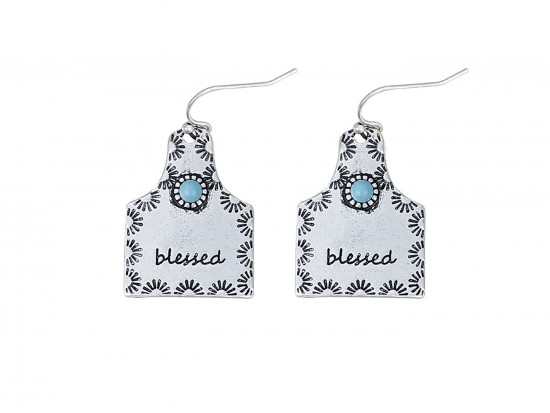 Silver Cow Tag BLESSED Hook Earrings Silver Cow Tag BLESSED Hook Earrings