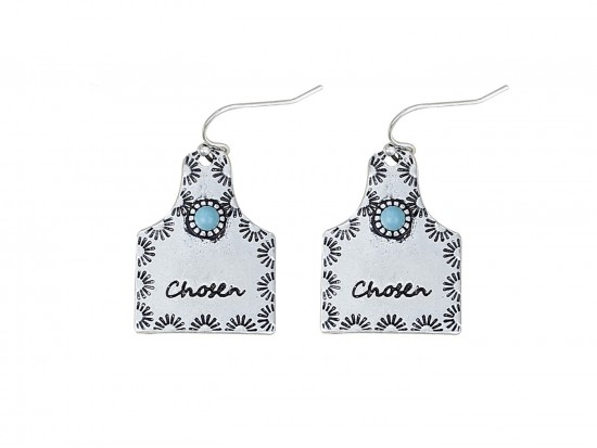 Silver Cow Tag CHOSEN Hook Earrings Silver Cow Tag CHOSEN Hook Earrings