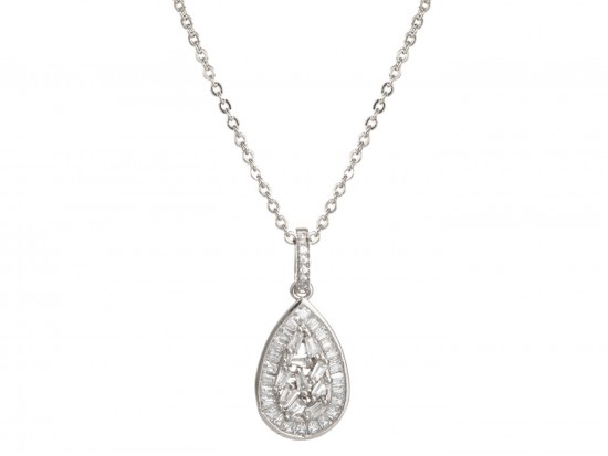 Silver CZ Crystal Filigree Teardrop Chain Necklace