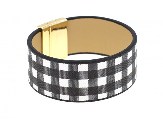 Black White Plaid Gold Magnetic Clasp Bracelet