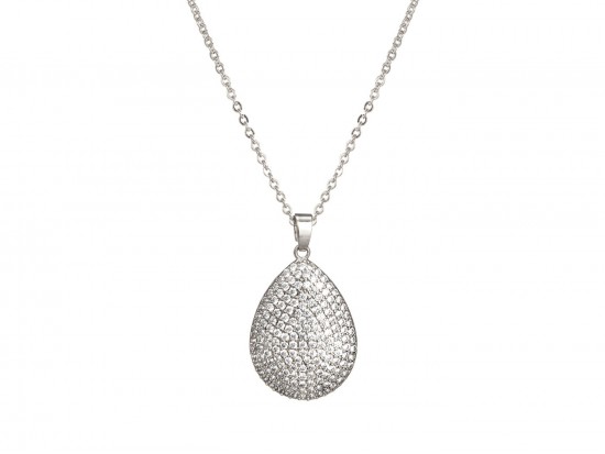 Silver CZ Crystal Pave Teardrop Chain Necklace