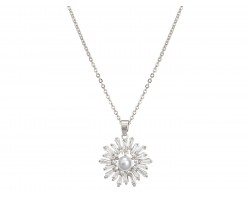 Silver CZ Crystal Star Burst Pearl Necklace