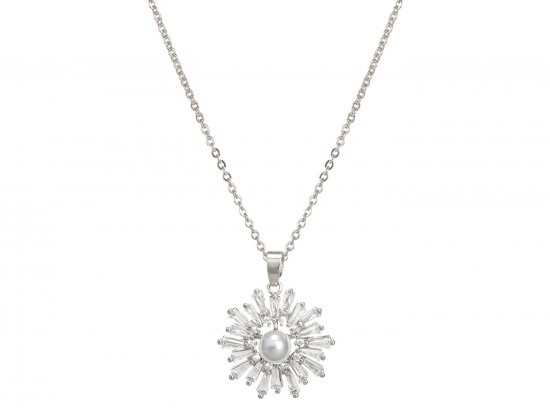 Silver CZ Crystal Star Burst Pearl Necklace