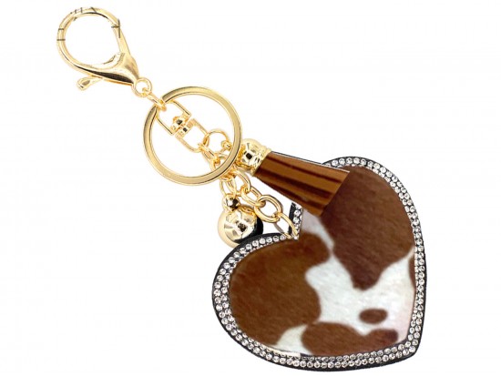 Brown White Cow Hide Crystal Heart Puffy Keychain