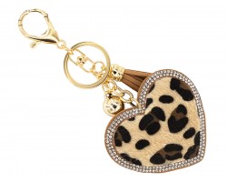 Brown Leopard Fur Crystal Heart Puffy Keychain