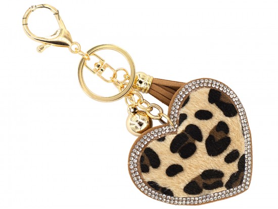 Brown Leopard Fur Crystal Heart Puffy Keychain