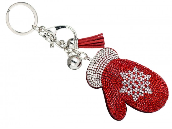 Red Hand Mitt Crystal Snowflake Xmas Puffy Keychain