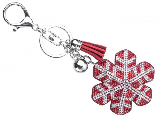Red White Crystal Xmas Snowflake Puffy Keychain