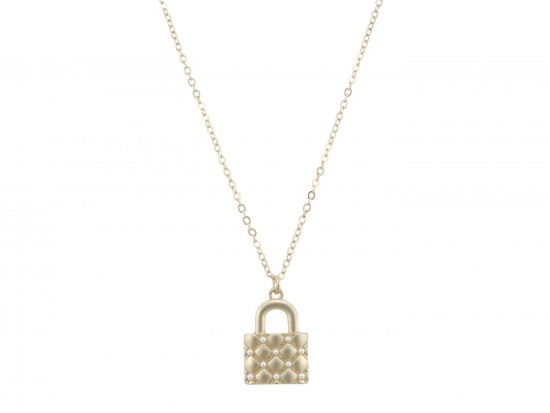 Gold Lock Quilt Pearl Pendant Necklace