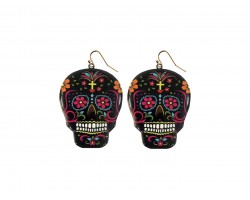 Black Day Of The Dead Painted Skull Hook Earrings