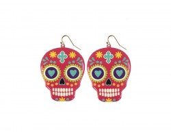 Pink Day Of The Dead Painted Skull Hook Earrings