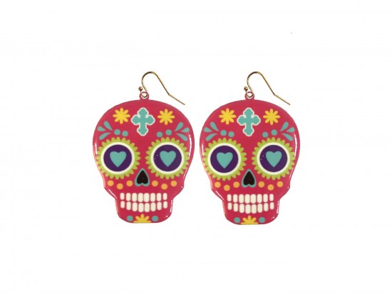 Pink Day Of The Dead Painted Skull Hook Earrings