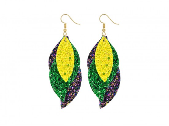 Mardi Gras Layered Leaf Glitter Hook Earrings