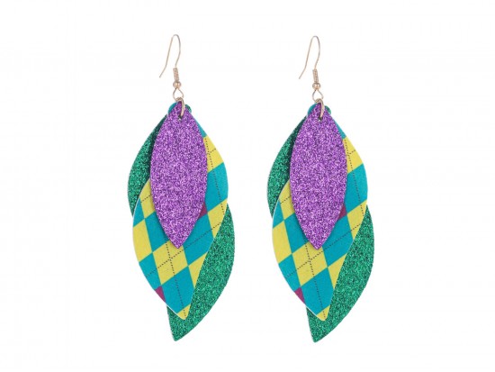 Mardi Gras Layered Leaf Plaid Hook Earrings Mardi Gras Layered Leaf Plaid Hook Earrings