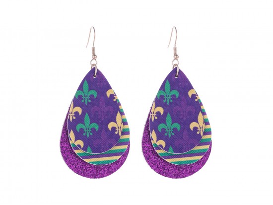 Mardi Gras Layered Teardrop Fleur de Lis Hook Earrings