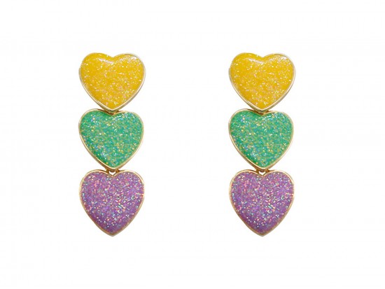 Mardi Gras Glitter 3 Hearts Post Earrings