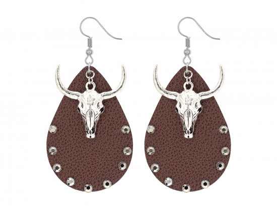 Brown Teardrop Steer Head Hook Earrings