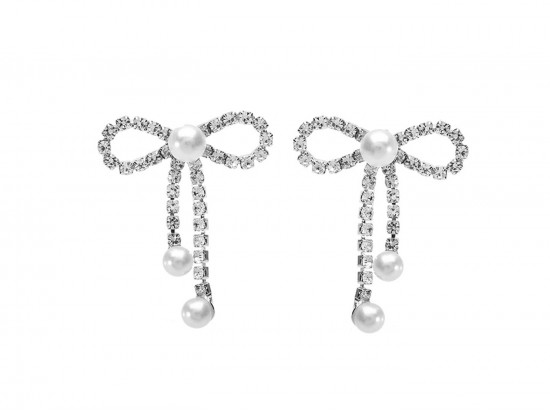 Silver Crystal Pearl Bow Post Earrings